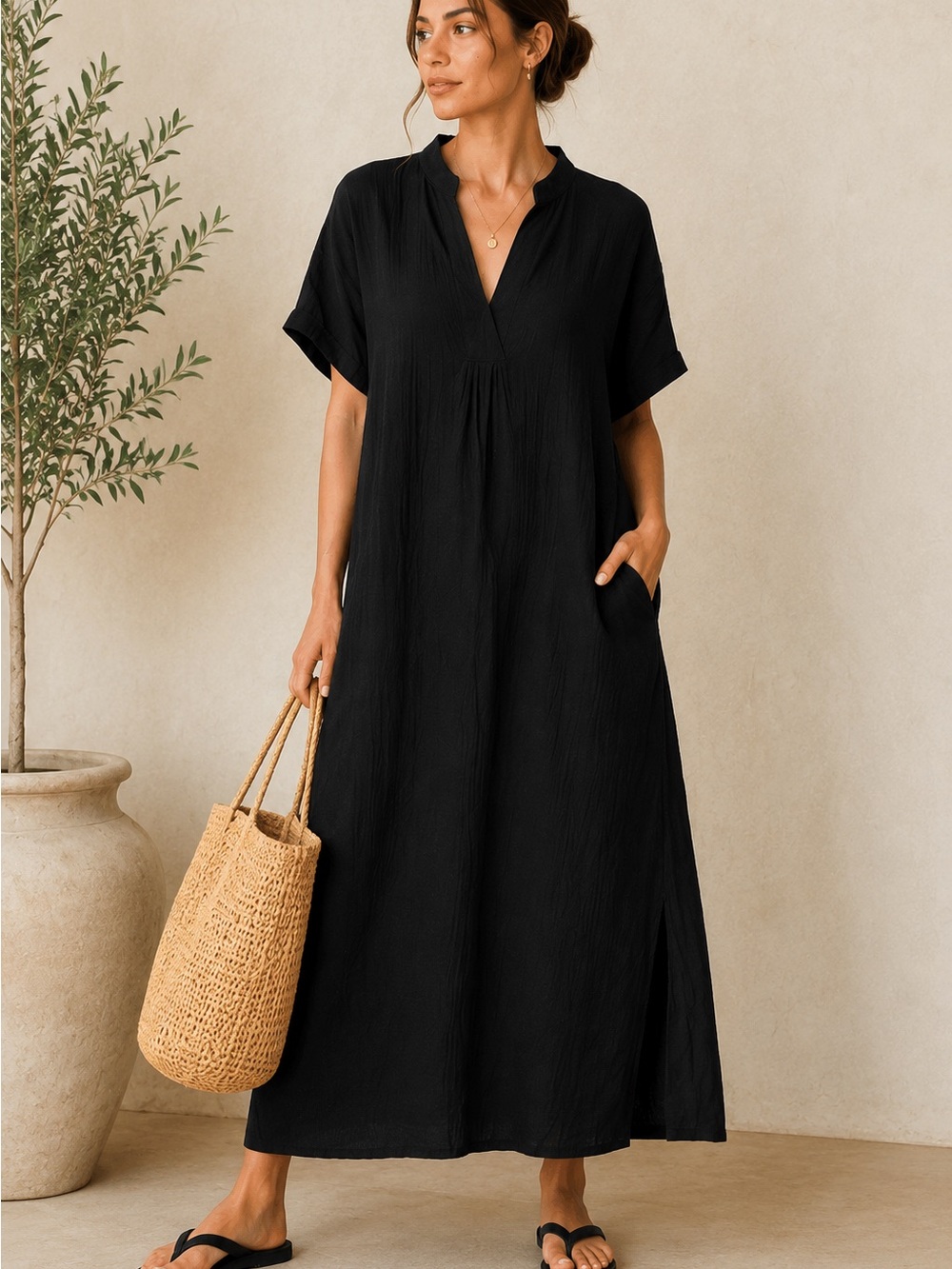 Black Gauze Maxi Dress Size S/M Relaxed Boho Caftan Dress With Pockets NWT - Picture 1 of 6